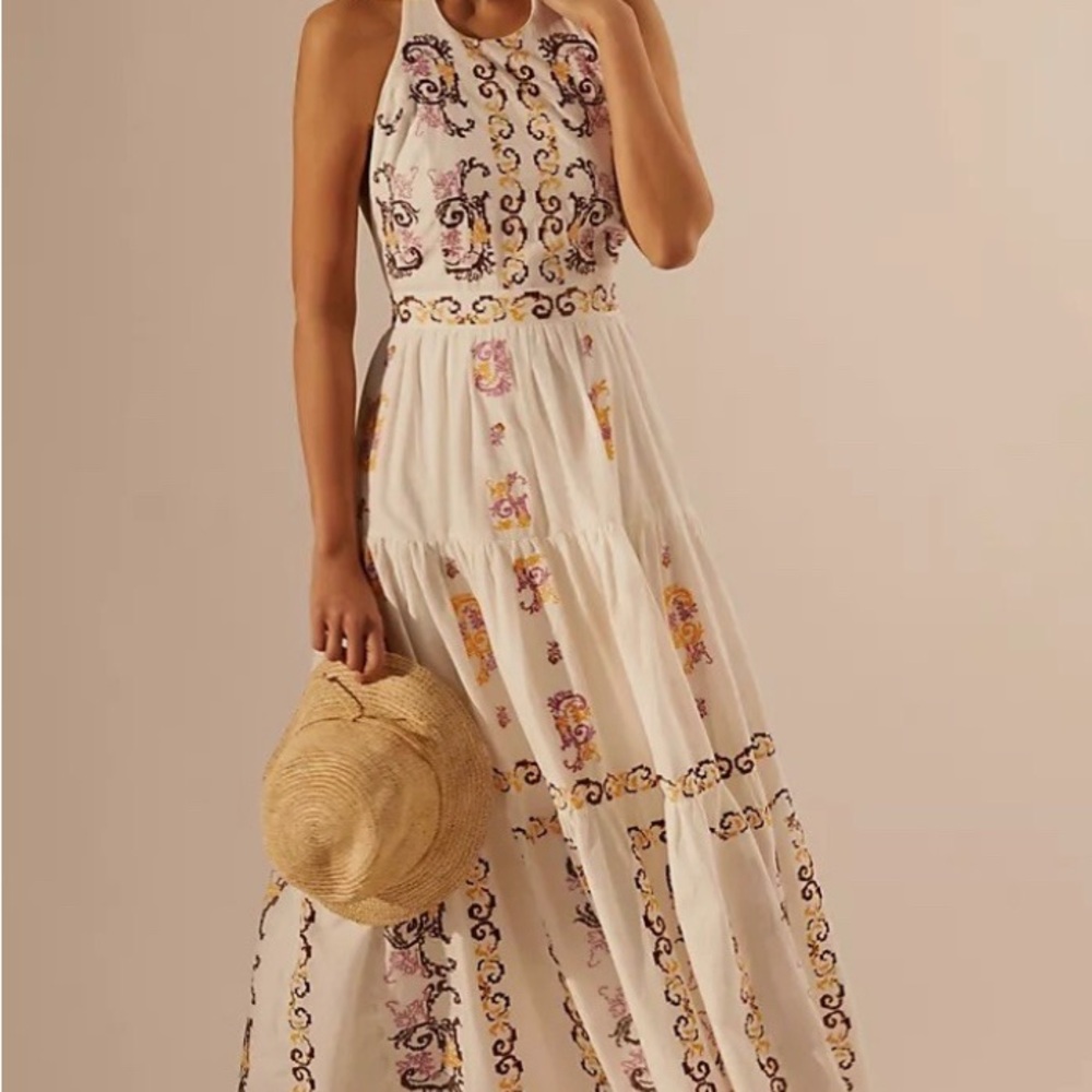 Anthropologie Cream Maxi Sundress Sleeveless Halter Resort Wear